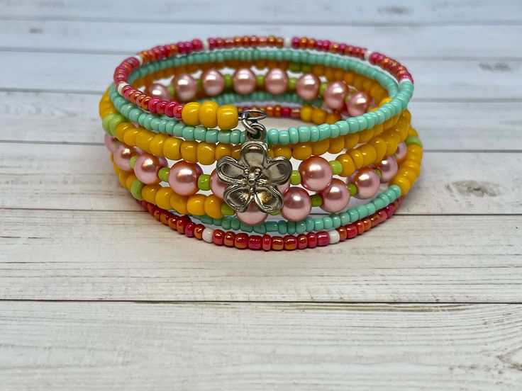 Beaded Memory Wire Bracelet With Plumeria Flower Charm Cuff - Etsy .