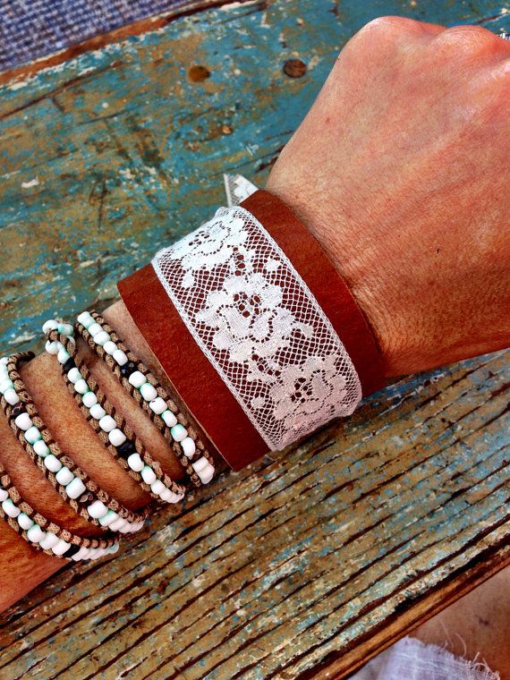 Leather Bracelet Cuff Vintage Lace Jewelry with by ThreeBirdNest .