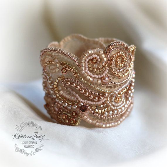 Rose Gold Lace Cuff Bracelet Pearl Crystal Bead Embellished - Etsy .