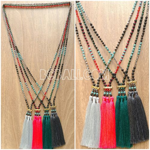 crystal bead stone tassel triangle necklace 4color - crystal bead .