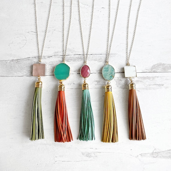 Tassel Necklace. Leather Tassel Necklace. Turquoise Orange - Et