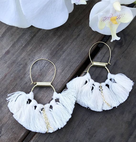 White Tassel Hoop Earring Tassel Moon Earrings-boho Tassel - Etsy .