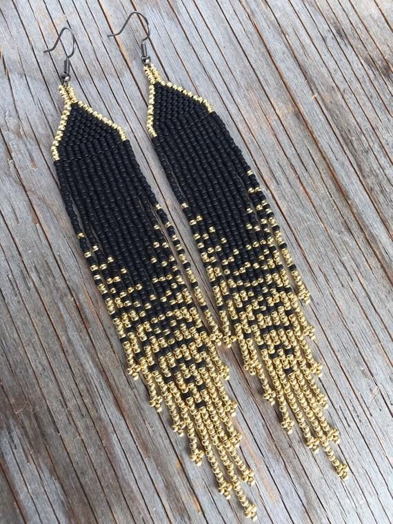 Native American Beaded Earrings.black and Gold. Arrow Motif - Etsy .