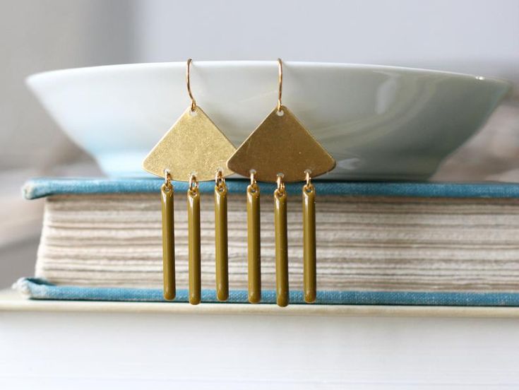 Enamel Bar Brass Statement Earrings Muted Color Turquoise - Etsy .