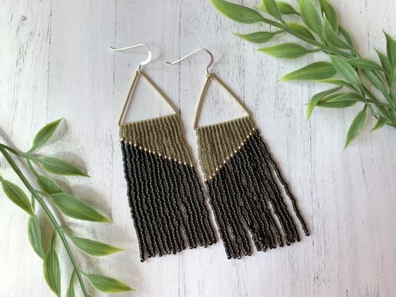 Brown Bronze Raw Brass Beaded Fringe Earrings Brown Olive - Etsy .