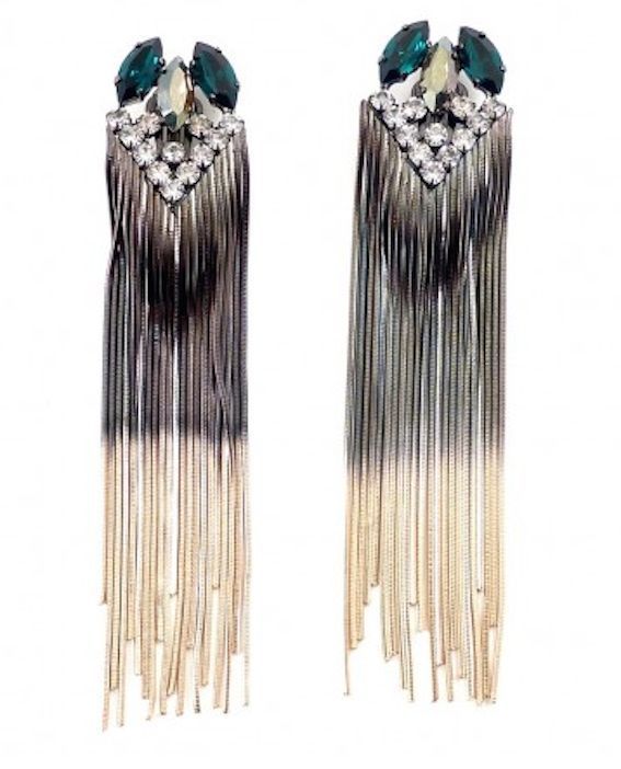 NEW IOSSELLIANI BRASS GREEN EMERALD SWAROVSKI CRYSTAL FRINGE .