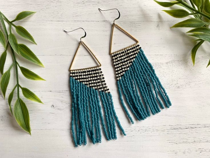 Black White Striped Brass Beaded Fringe Earrings Bronze - Etsy .