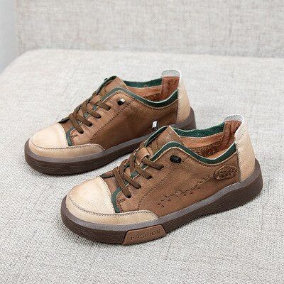 Women's Breathable Genuine Leather Lace-up Casual Flats Sneakers .