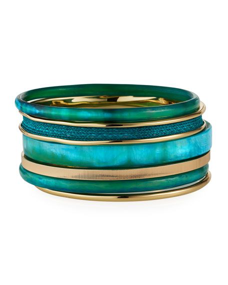 Akola Horn and Raffia Bangle Bracelets, Set of 6, Turquoise .