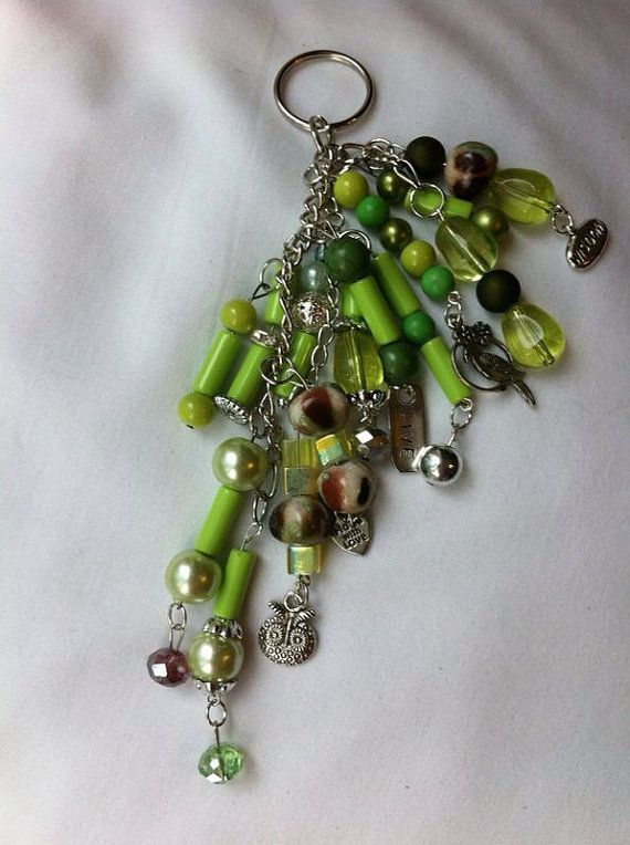 Green beads silver chain charms key chain | Etsy | Green bead .