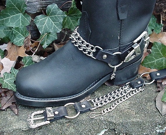 BIKER Boots BOOT CHAINS Black Leather With 2 Steel Chains - Et