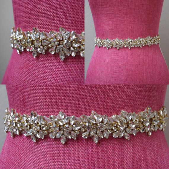 Gold Rhinestone Bridal Belt Embellished Belt With Ribbon Sash .