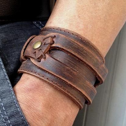 Cuff Bracelet,Antique Men's Brown Leather Cuff Bracelet, Leather .