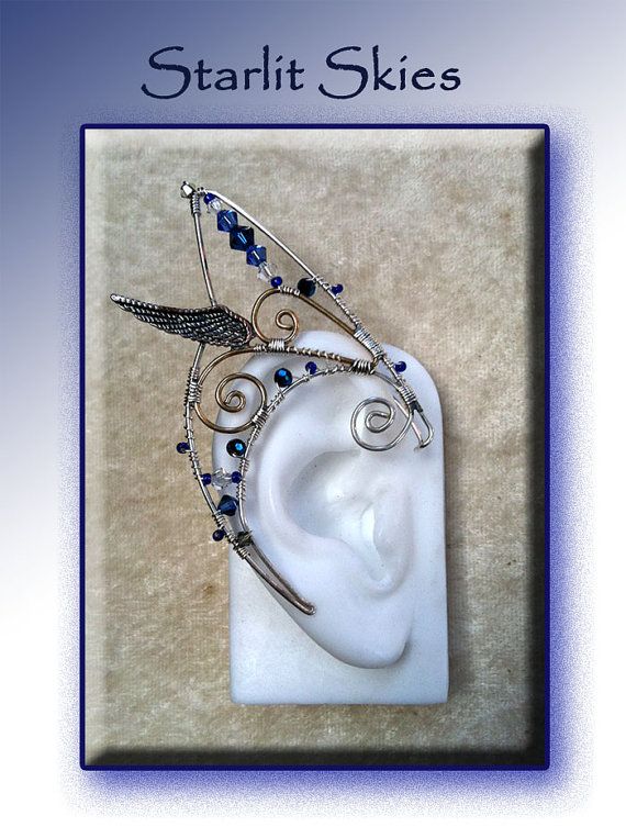 Wire Elf Ears With Wings and Blue Swarovski Crystals Sterling .