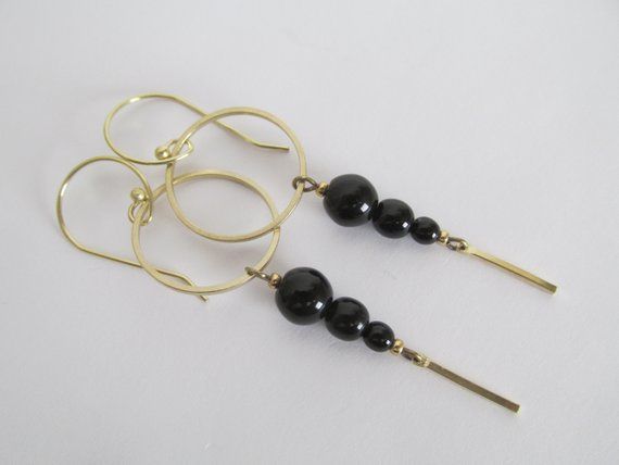 Brass Hoop Boho Minimalist Czech Glass Earrings Black | Etsy .