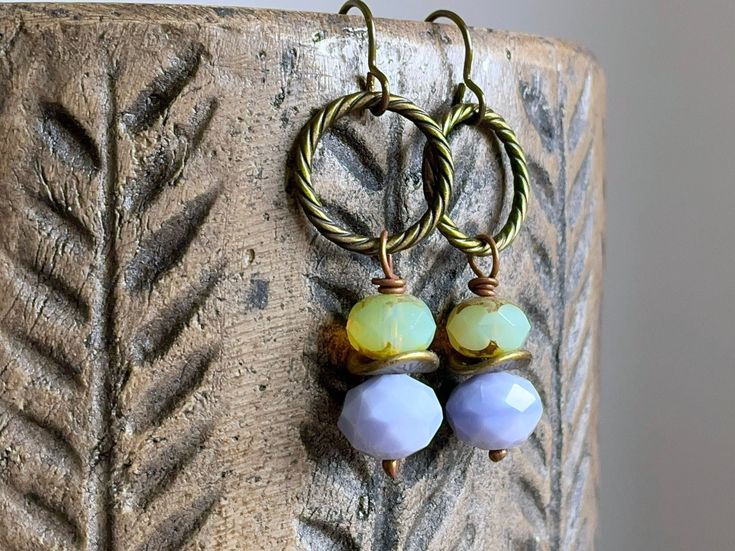 Lilac & Green Glass Bead Earrings. Faceted Earrings. Brass - Etsy .