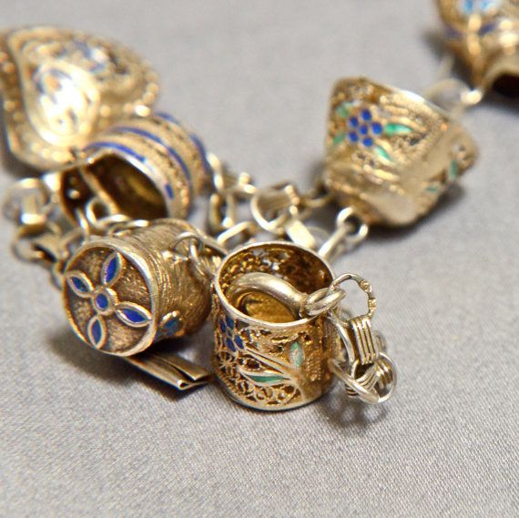 Lacy Portuguese Filigree LOVE Charm Bracelet - Vermeil & Enamel .