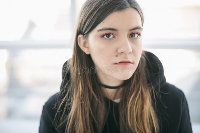 Girl with a Mole Above the Lip. Beautiful Portrait Expressive Look .