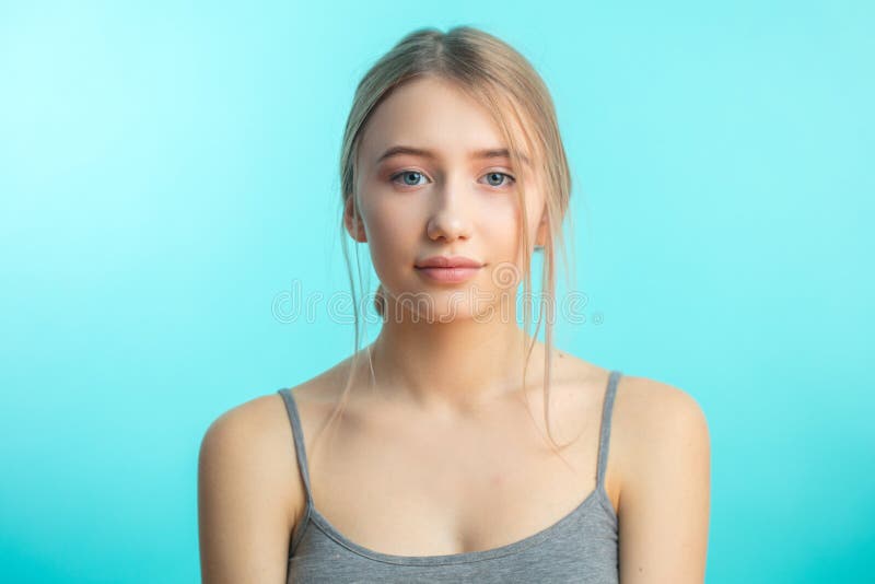 Caucasian Teenager with Nude Makeup, Natural Expressive Lips .