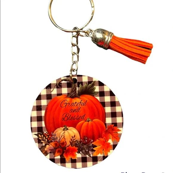 Grateful And Blessed Pumpkin Keychain With Orange Tassel New .