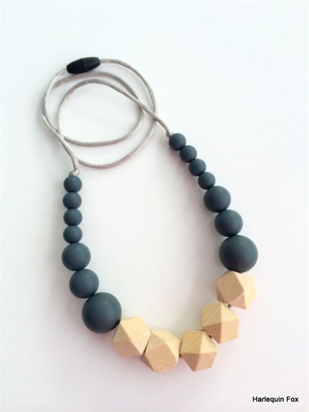 Wooden Geo & Silicone Bead Necklace - GREY | Silicone teething .