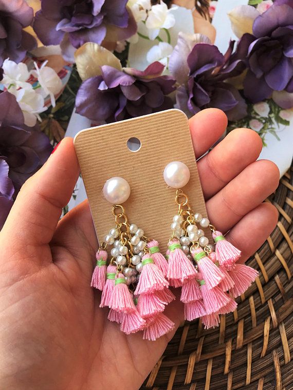 Light Pink Tassel Statement Earrings / Tassel Earrings / Pearl .