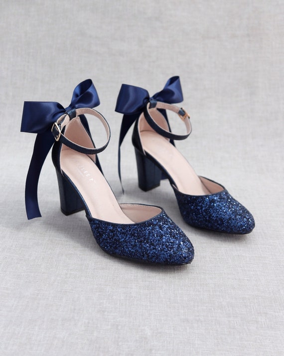 Navy Rock Glitter Block Heel With SATIN BACK BOW Women - Et