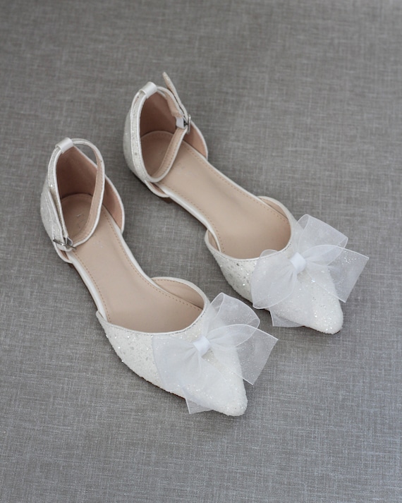 White Rock Glitter Pointy Toe Flats With Ankle Strap & Organza - Et