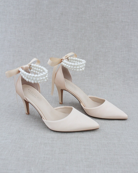 Satin Pointy Toe Heels With Trinity Pearls Ankle Strap - Et