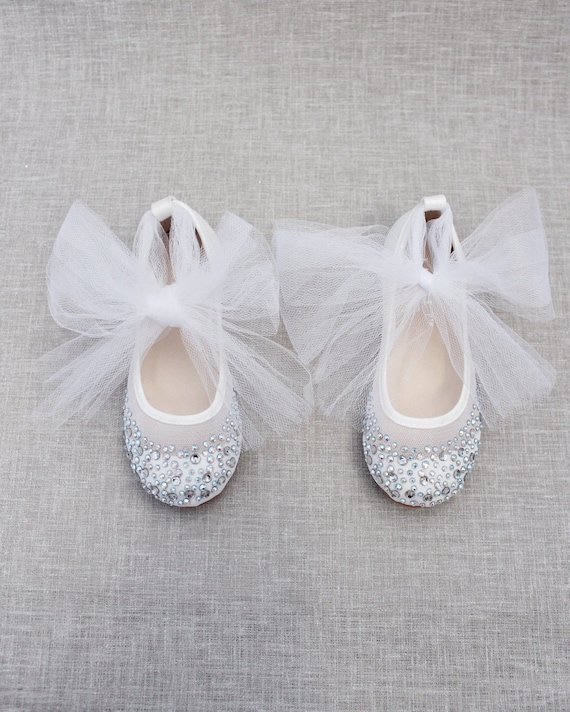 Girls White Mesh Shoes With Rhinestone Ballet Flats With TULLE - Et