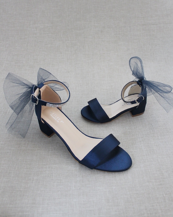 Navy Blue Satin Block Heel Sandal With TULLE BACK BOW Women - Et