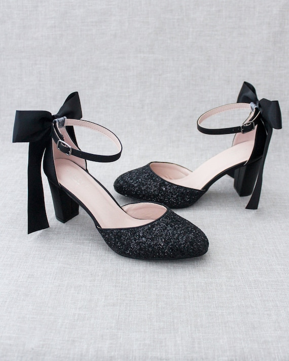 Black Rock Glitter Block Heel With SATIN BACK BOW Women - Et