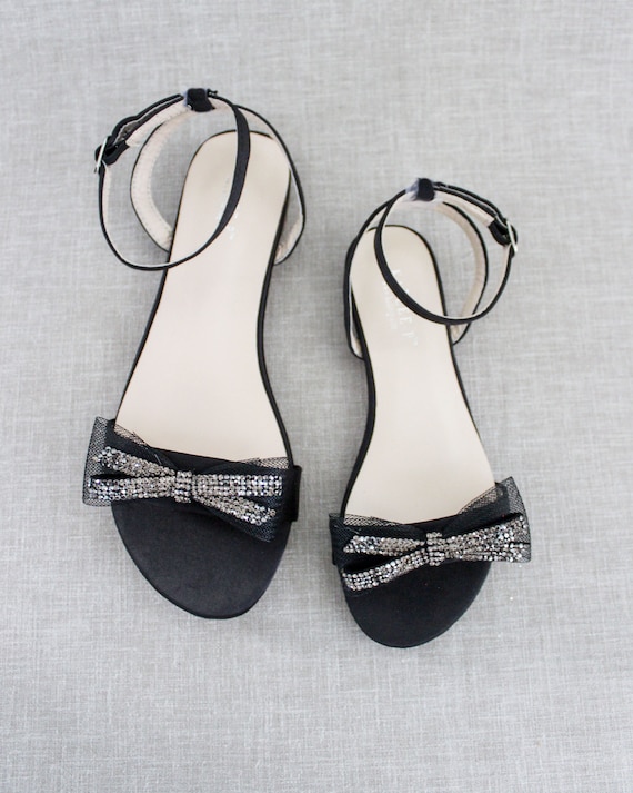 Black Satin Flat Sandal With Mesh Rhinestone Bow Bridesmaid - Et