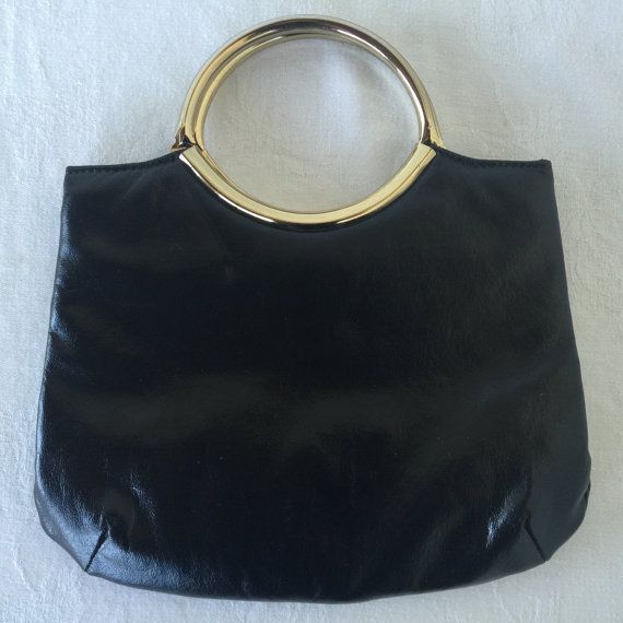 Vintage Black Leather Bag Gold Hoop Handles Handle Bag Marked .