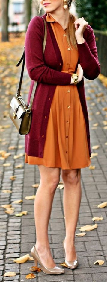 Women's Burgundy Open Cardigan, Orange Casual Dress, Brown Leather .