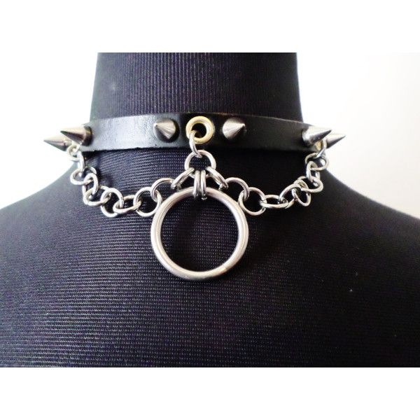 Real Leather O-Ring Studded Gothic Choker with Bulky Chain. Cyber .