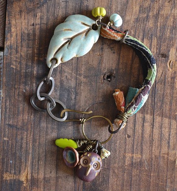 Mixed Media Owl Charm Bracelet with Leaf Connector And Floral .