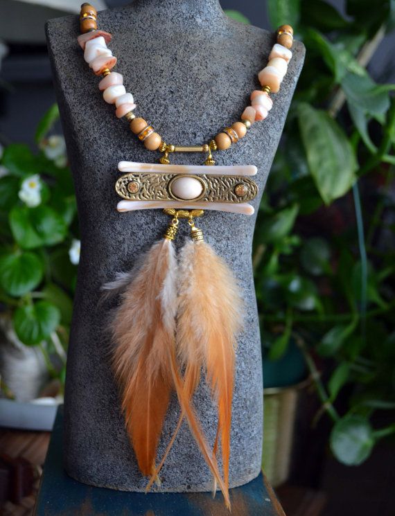 Feather Necklace, Natural Light Brown Feather Statement Necklace .