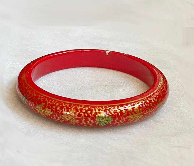 Vintage 80's Painted Wood Bangle Bracelet Red With Gold - Etsy .