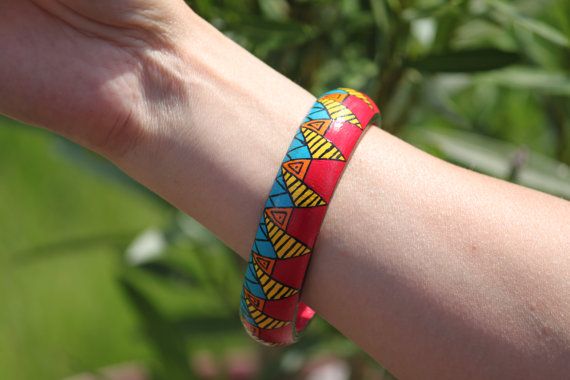 Aztec pattern hand-painted wooden bangles. Colourful Maya .