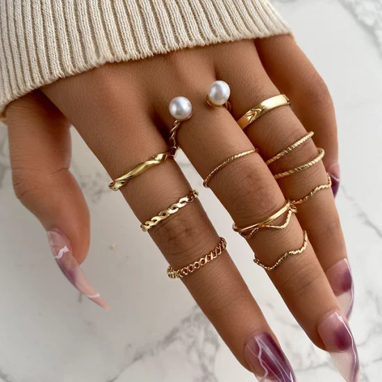 Geometric Gold Rings Set for Women Men Punk Stone Pearl Chain .