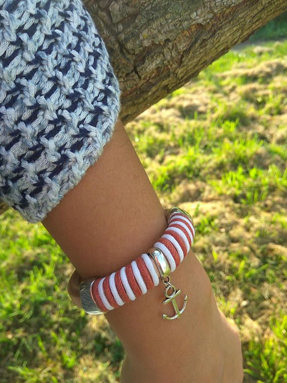 Cord Wrapped Leather Bracelet: Silver Anchor Charm Bracelet - Etsy .