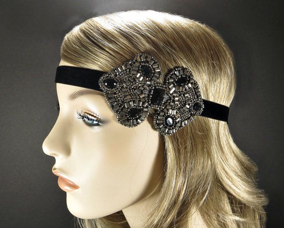 Gunmetal Art Deco Headpiece on Black Ribbon Headband, Flapper .