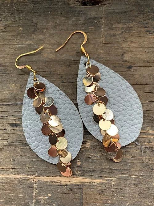 Grey teardrop earrings with gold coin chain | Leather jewelry .