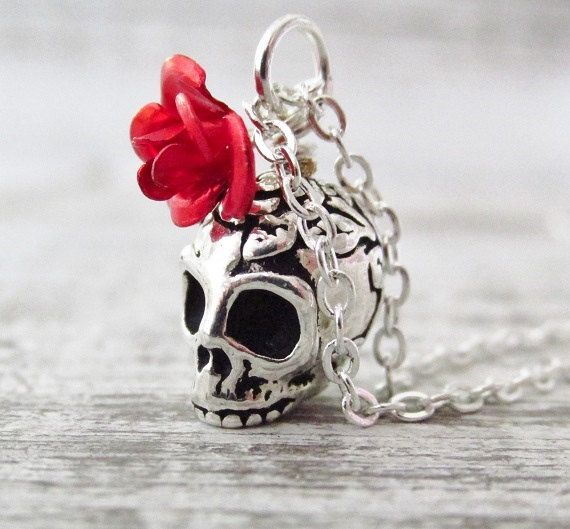 Silver Skull Charm Necklace Rose Skull Necklace Skull Head - Etsy .