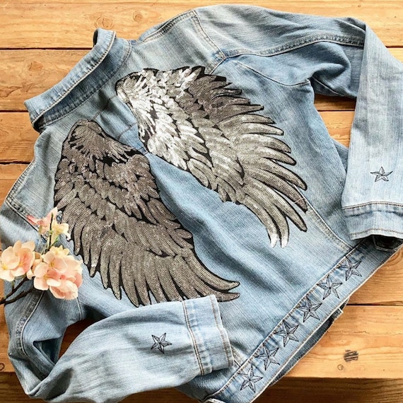 Embroidered Upcycled Rock Chic Angel Wing Denim Jacket - Etsy Norw