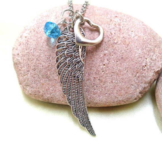 Vintage Heart Silver Angel Wing Blue Crystal Necklace - Etsy .