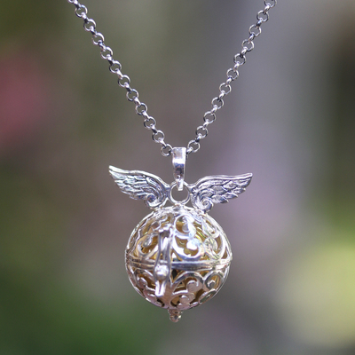 Handmade Angel Wing Sterling Silver Harmony Ball Necklace - Wings .