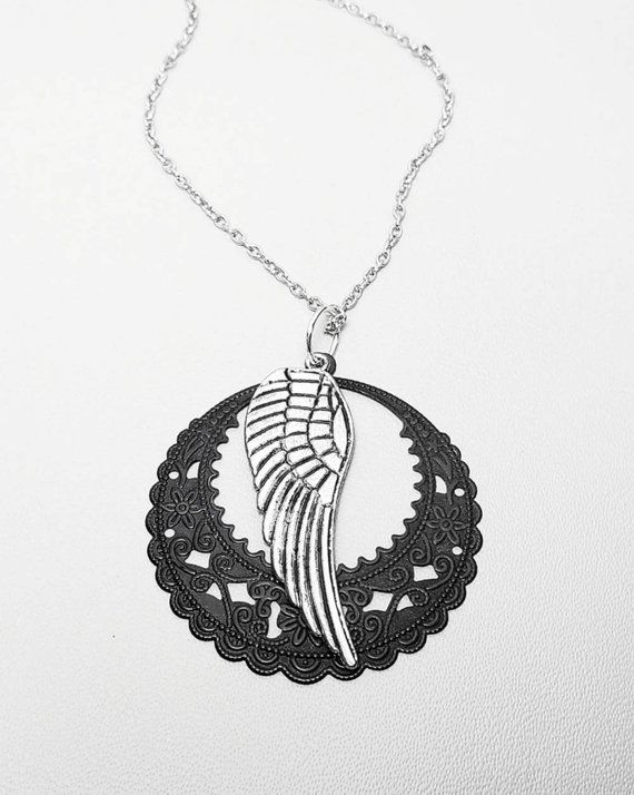 Silver Angel Wing Pendant Black Filigree Pendant Necklace - Etsy .