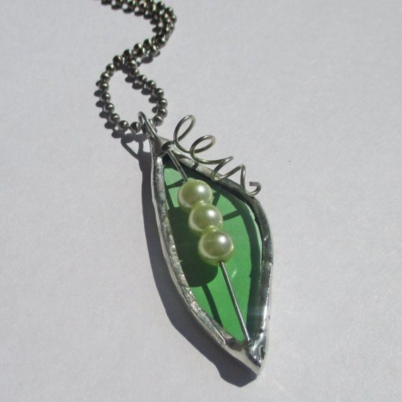 Three Peas in a Pod Peapod Stained Glass Pendant - Upcycled Glass .